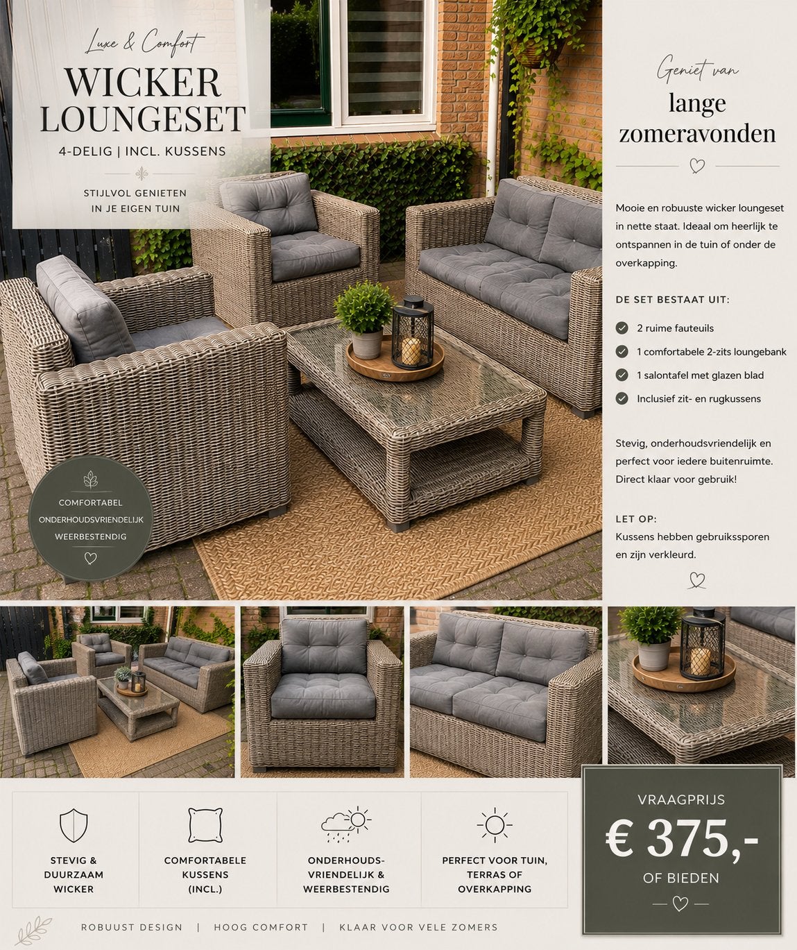 Luxe Wicker Loungeset van stevige kwaliteit, Tuin en Terras, Tuinsets en Loungesets, Ophalen, Zo goed als nieuw, Wicker