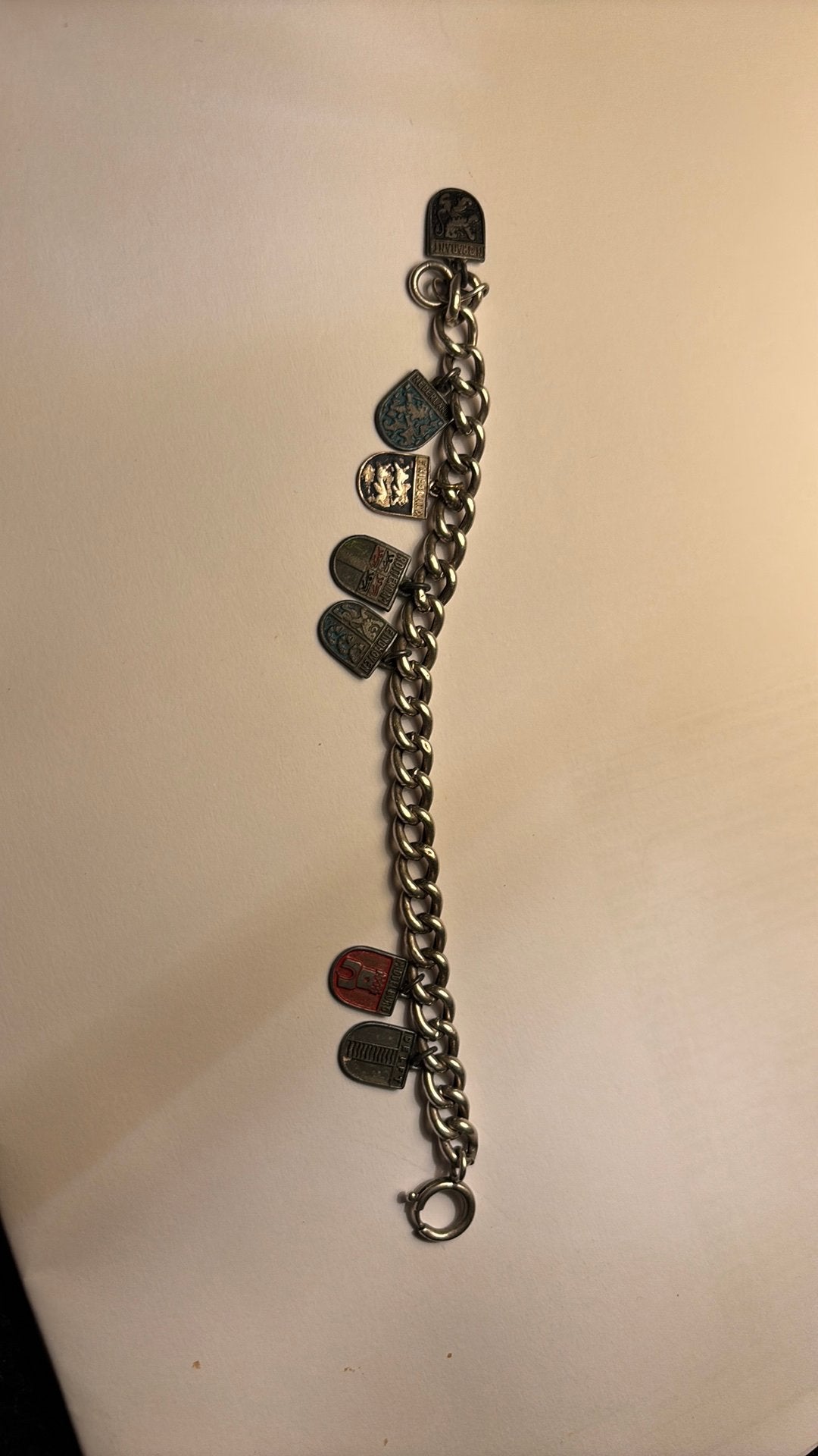 Vintage Zilveren Souvenirarmband met 7 Emaille Schildjes, 4 bedels of meer, Ophalen of Verzenden, Zilver, Overige merken
