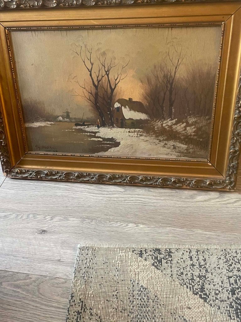 Antieke schilderij op hout, Ophalen, Paneel, Landschap, Gesigneerd