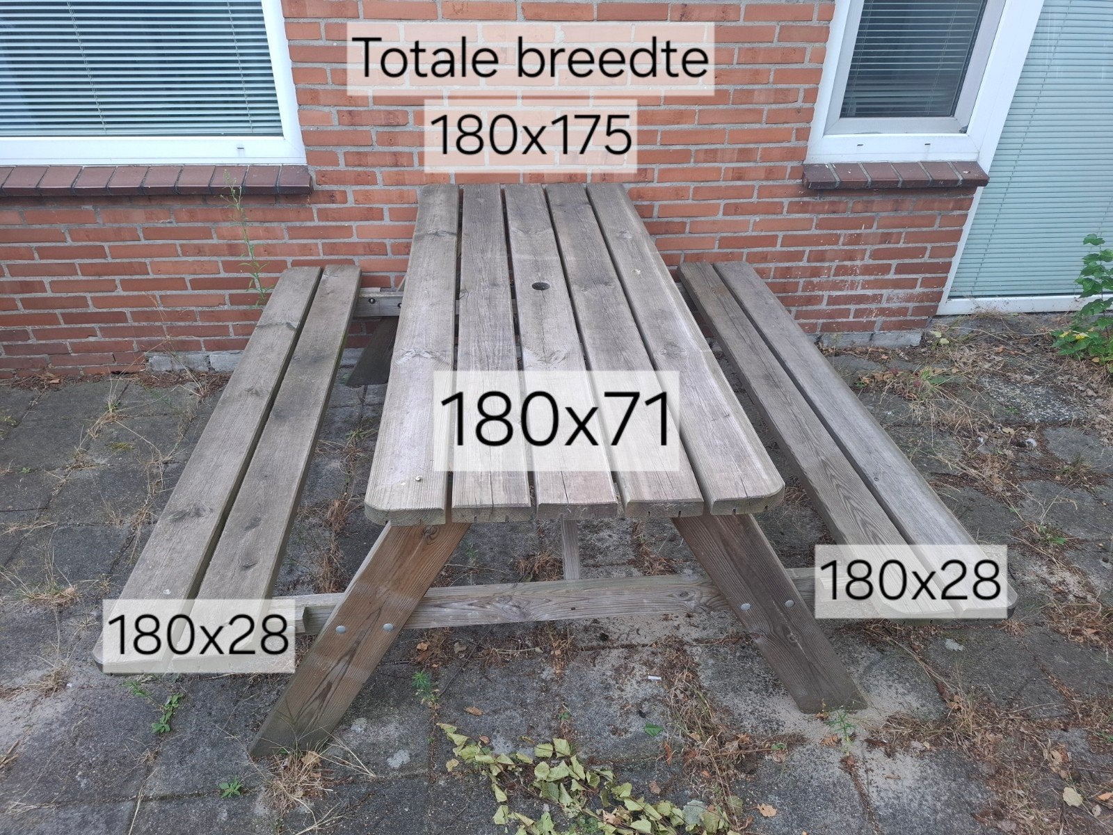 Houten picknicktafel 180x175 cm MOET ZSM WEG!, Tuin en Terras, Picknicktafels, Ophalen, Gebruikt, Rechthoekig, Hout