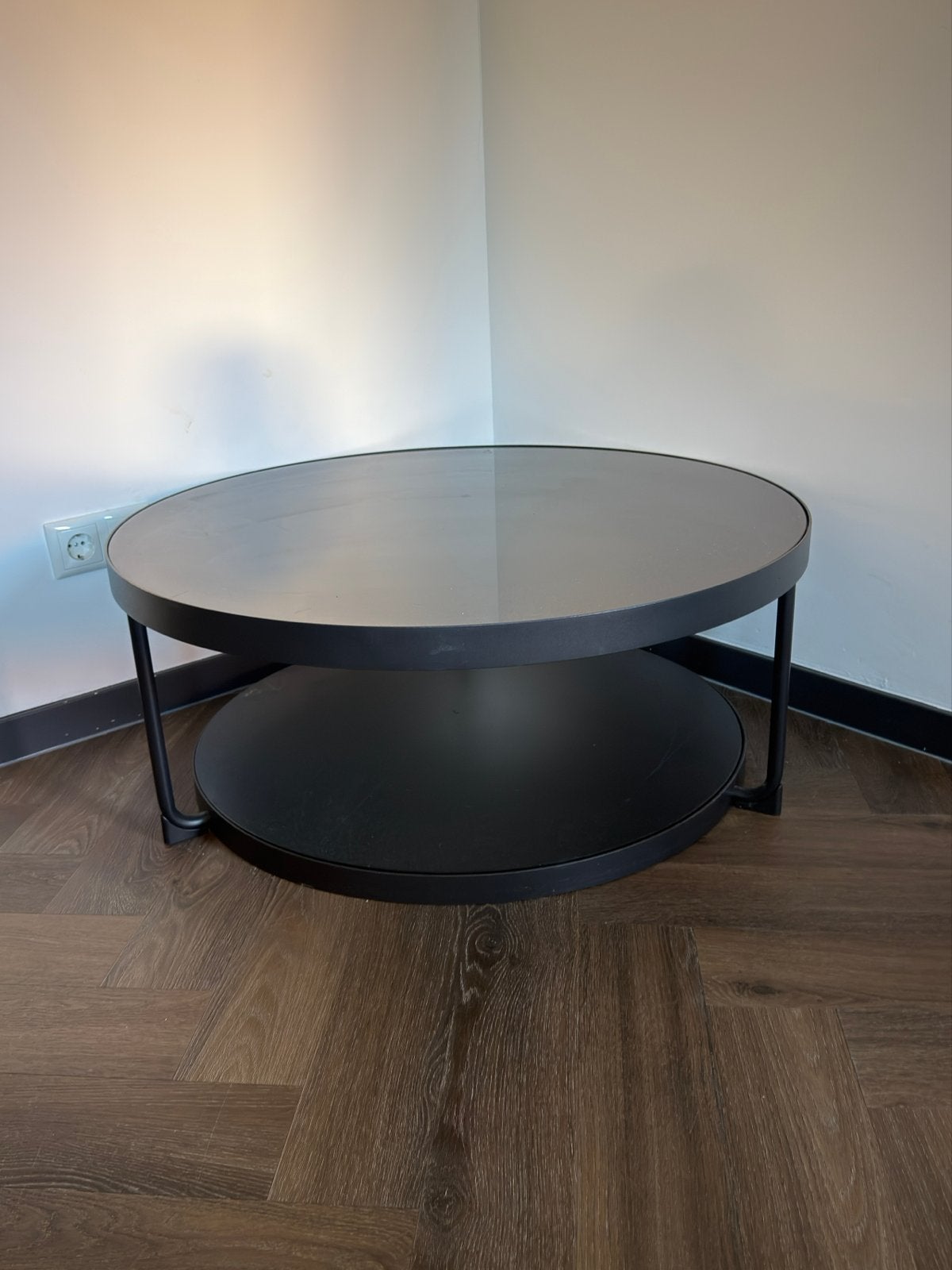 Moderne ronde salontafel met twee niveaus - Zwart metaal, Ophalen, Gebruikt, Rond, 50 tot 100 cm