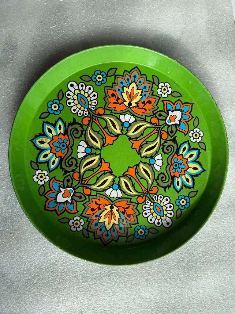Jaren 60/70 Retro Dienblad hippie boho bloemen groen, Gebruikt, Rond, Ophalen of Verzenden, Dienblad