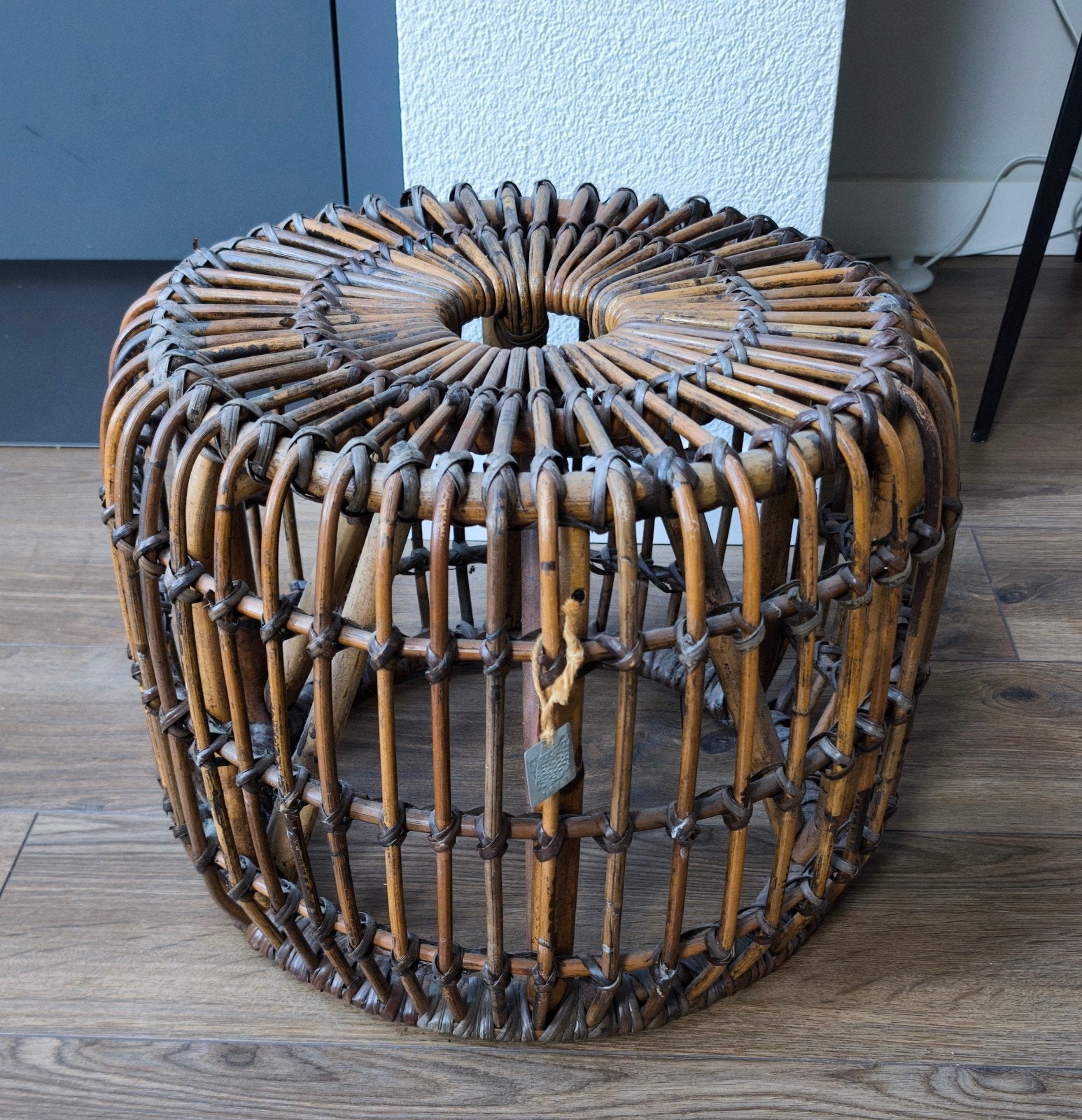 Retro rotan krukje/bijzettafel/poef - Bohemian stijl, Ophalen, Minder dan 50 cm, Gebruikt, Rond