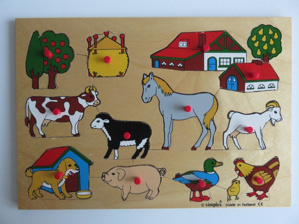 Simplex houten knoppuzzel thema boerderijdieren, 2 tot 4 jaar, 10 tot 50 stukjes, Ophalen of Verzenden, Zo goed als nieuw