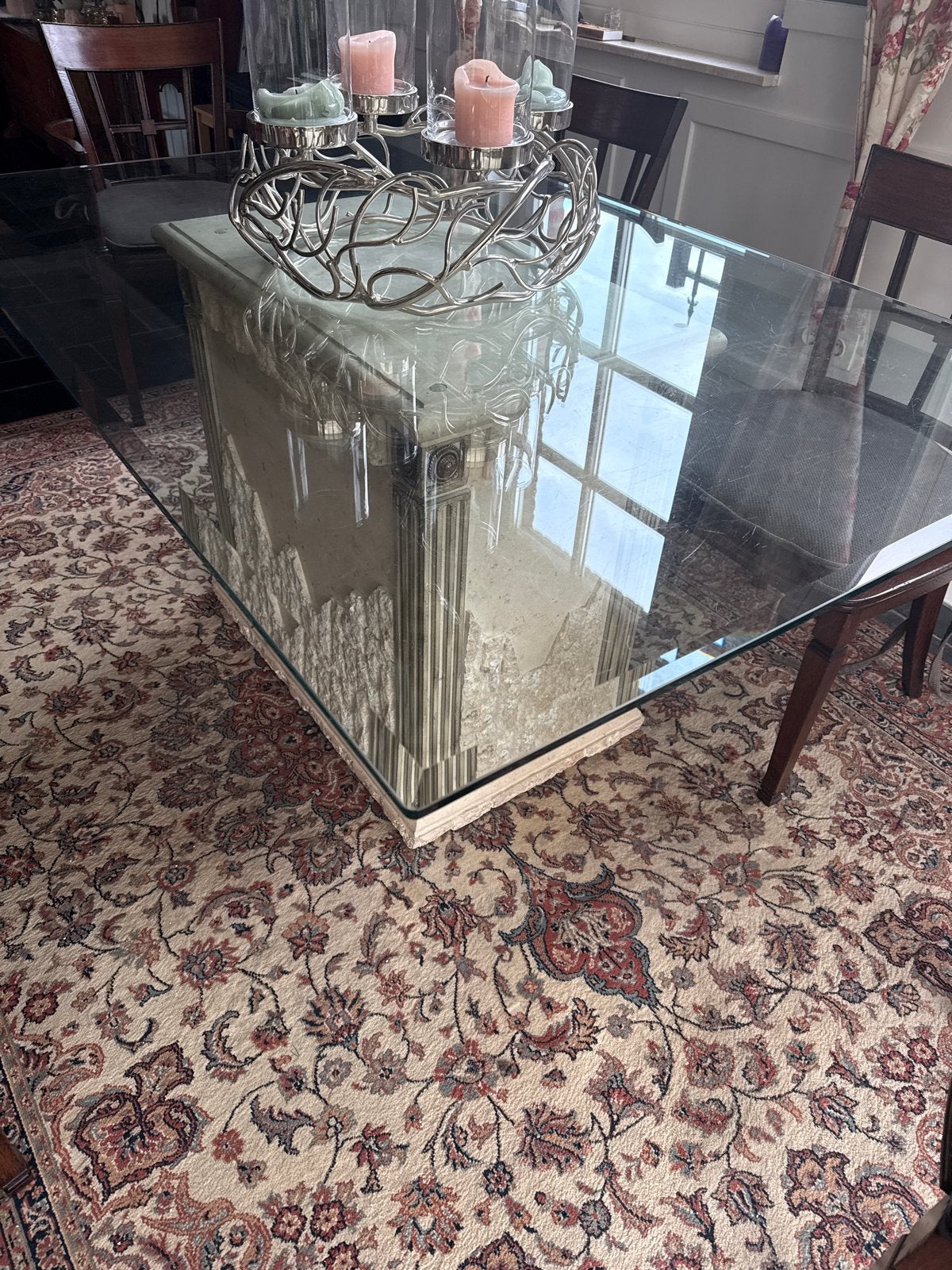Glazen eettafel met stenen voet - Klassiek design, 100 tot 150 cm, Ophalen of Verzenden, 150 tot 200 cm, Vier personen