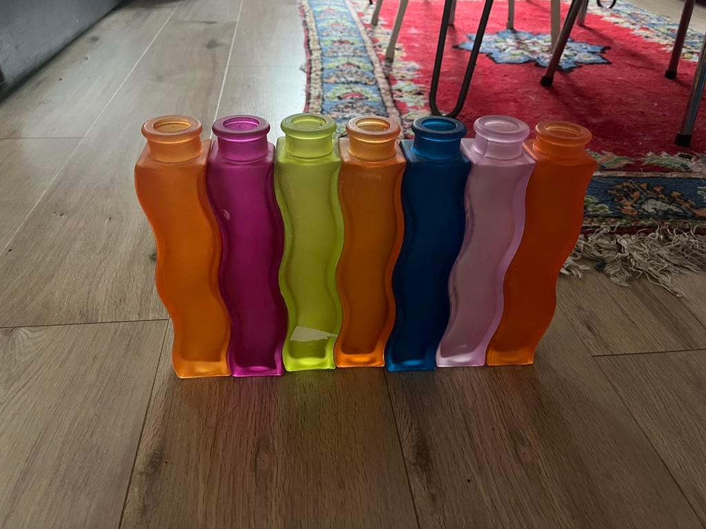 Vintage retro Ikea Skåmt regenboog vaasjes, Gebruikt, Overige kleuren, Ophalen of Verzenden, Glas