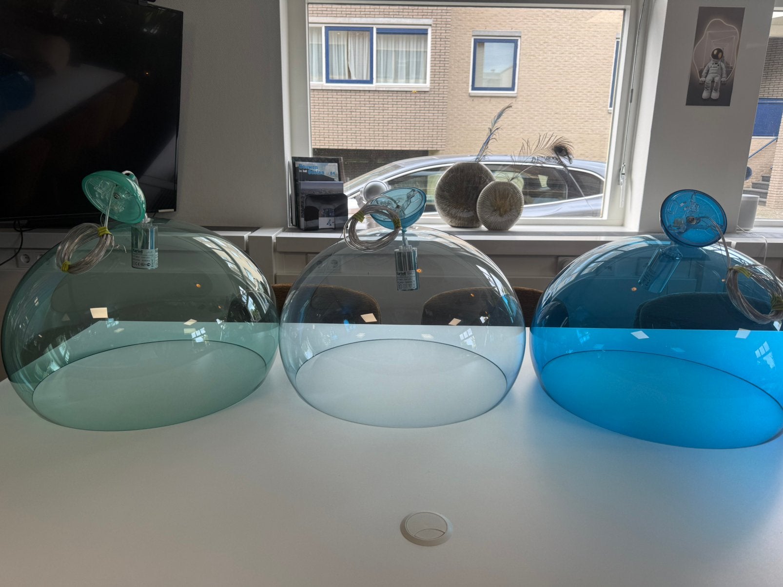 Prachtige set 3 originele Kartell FL/Y hanglampen (Ø 52 cm), Ophalen, Zo goed als nieuw, Overige kleuren, Glas