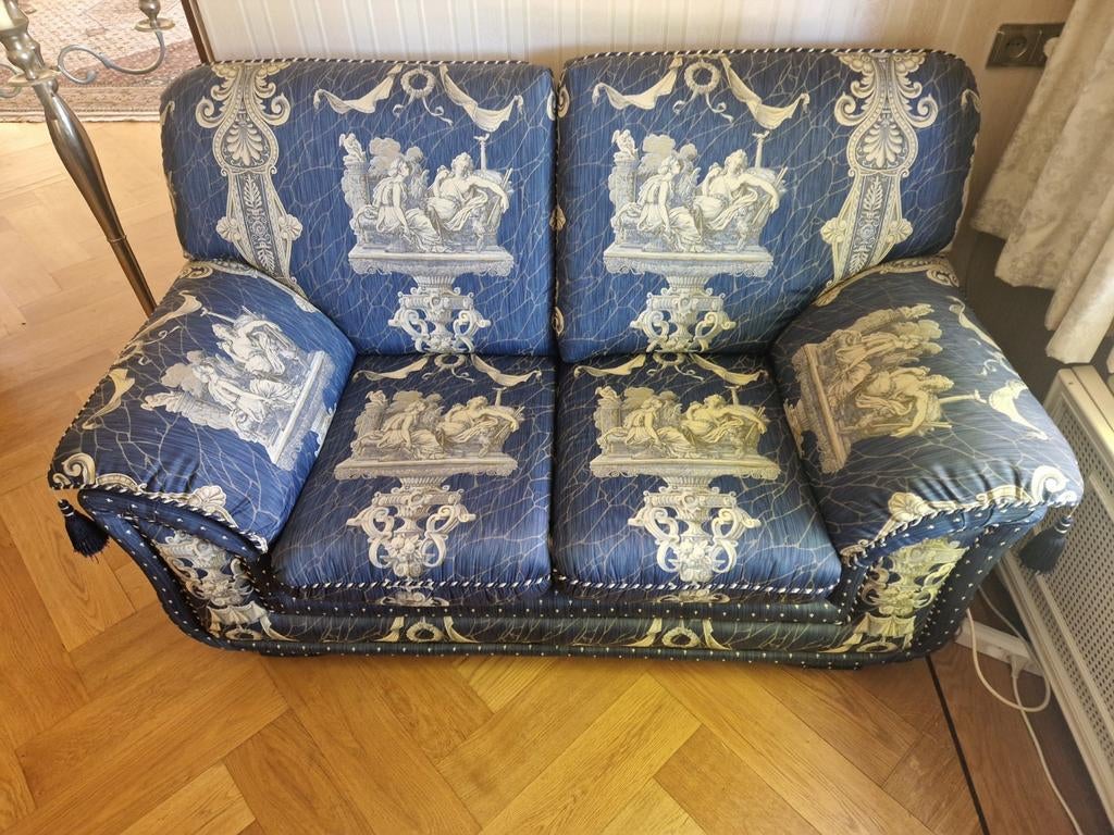 Bankstel Toile de Jouy Neo-Barok stijl, Gebruikt, 150 tot 200 cm, 75 tot 100 cm, Stof