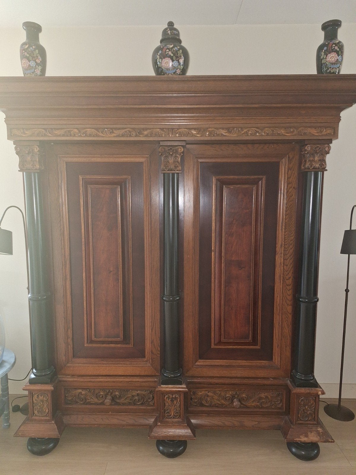 Eiken Kast met Gedetailleerd Houtsnijwerk, Antiek en Kunst, Ophalen