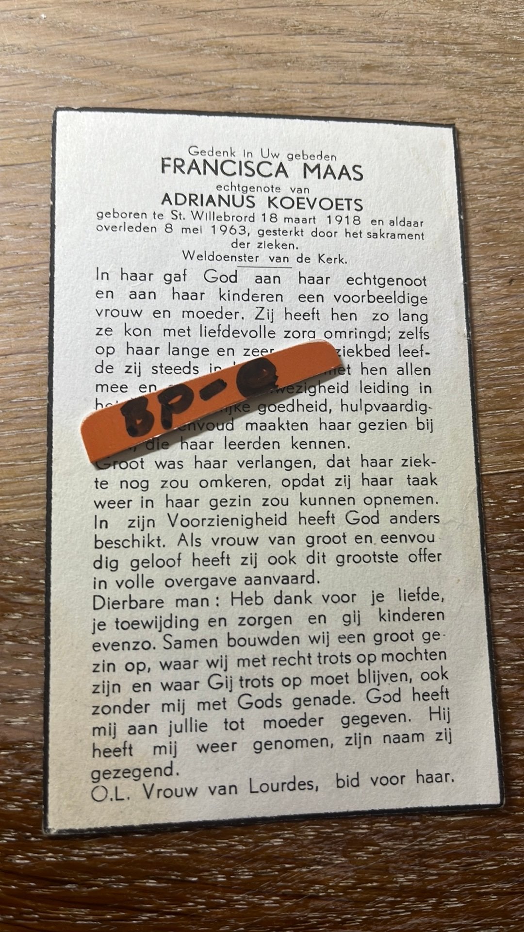 Maas Francisca 1918 St willebrord 1963 z Koevoets - E01103, Ophalen of Verzenden, Bidprentje