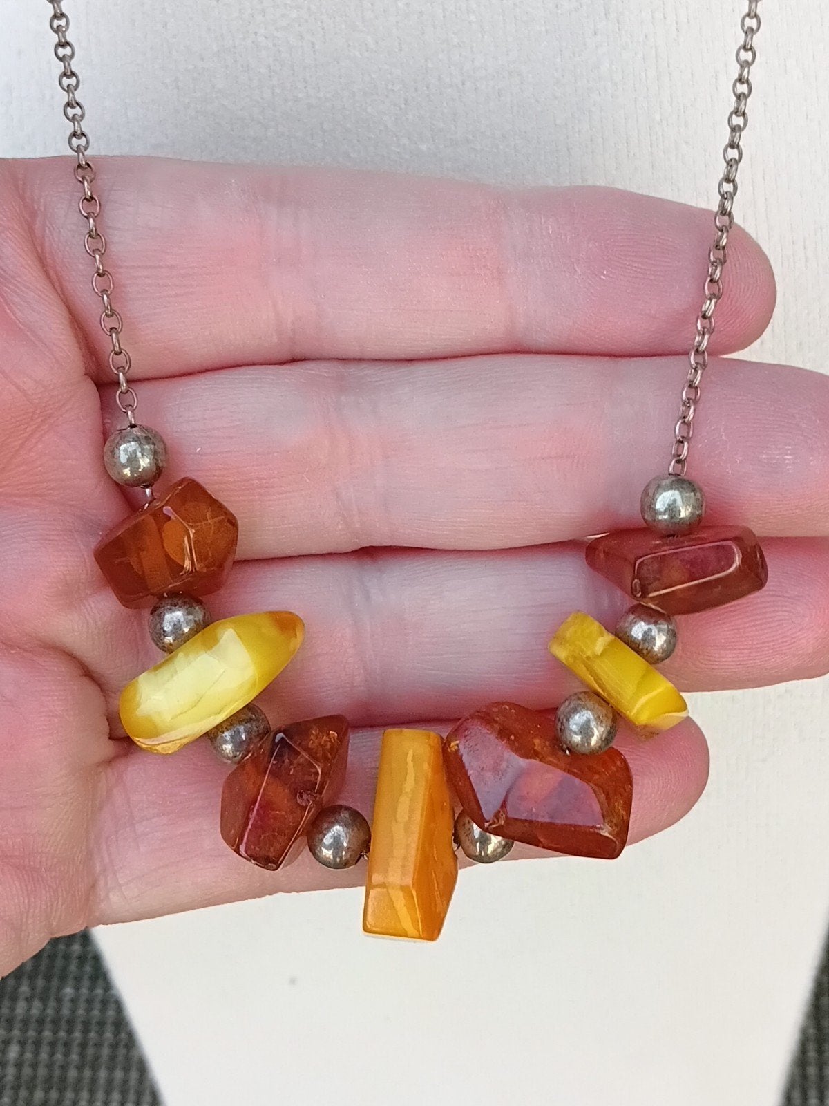 zilveren ketting met grote stukken barnsteen, Verzenden, Zilver, Ketting