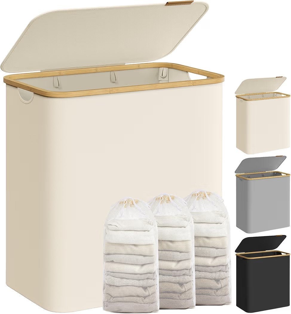 SONGMICS Wasmand met deksel met 3 vakken, 150 l,, Nieuw, Ophalen of Verzenden