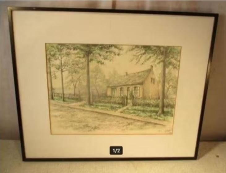 Prachtige Geschilderd Aquarel 'Huisje en Velden' - Verreydt, Ophalen of Verzenden