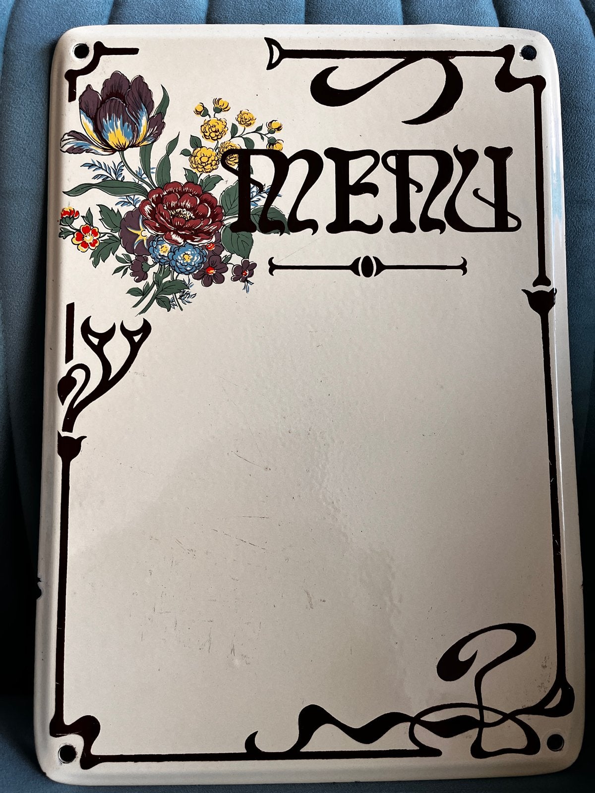 Vintage emaille menubord met bloemmotief, Verzenden, Huis en Inrichting