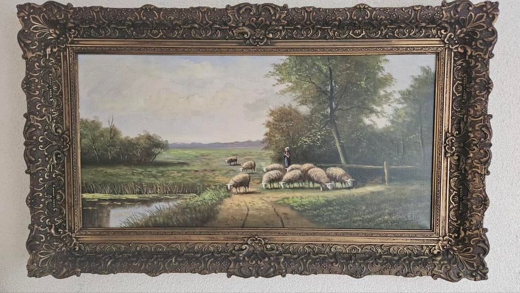 Schilderij A.Bado Dordrecht Landschap met schaapskudde, Ophalen