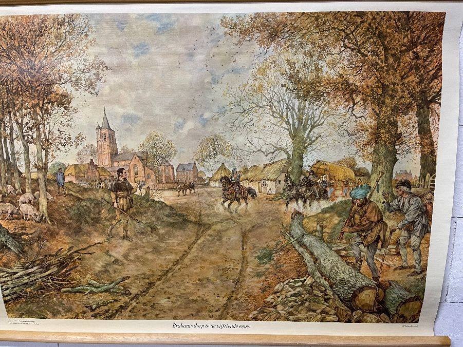 Schoolplaat 9a. Brabants dorp in de vijftiende eeuw., Antiek en Kunst, Antiek | Schoolplaten, Ophalen of Verzenden, Geschiedenis