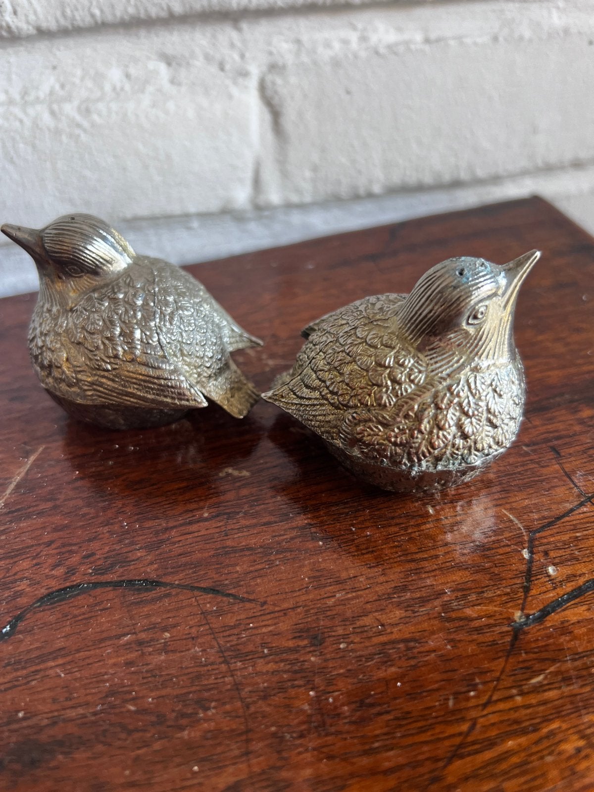 Verzilverd peper en zout stel in de vorm van vogeltjes, De Doofpot, Zilver, Ophalen of Verzenden, Metaal
