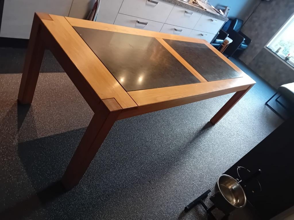 Eiken eettafel met Belgisch hardsteen (230x90 cm), Ophalen, Eikenhout, 200 cm of meer, 50 tot 100 cm