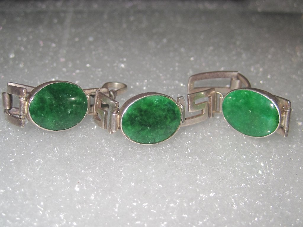 Vintage zilveren armband met Jade mooie groene Jade 20 cm, Ophalen, Zilver, Armband, Met edelsteen