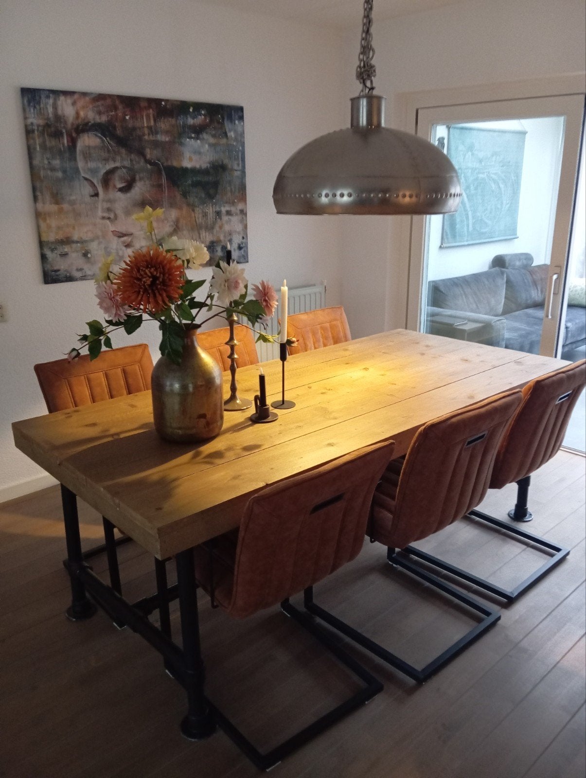 Steigerhouten eettafel met 6 stoelen., Ophalen, Gebruikt, 6 tot 8 stoelen