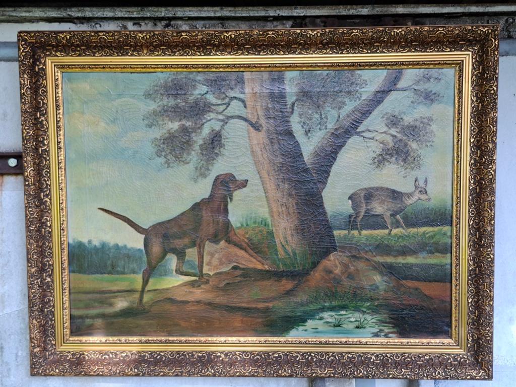 Antiek schilderij met jacht tafereel, ongeveer 95 cm x 65 cm, Ophalen