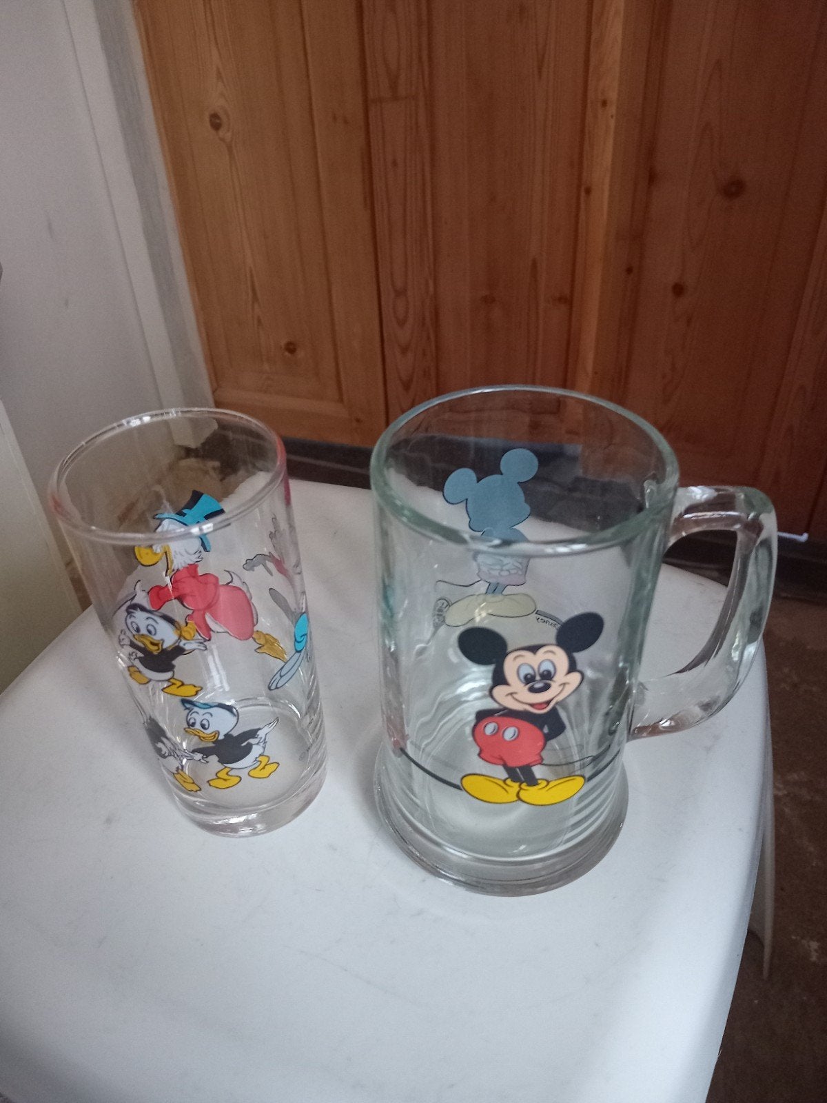 Vintage Disney glazen: Mickey Mouse en Donald Duck, Verzamelen, Disney, Ophalen, Donald Duck, Gebruikt, Servies