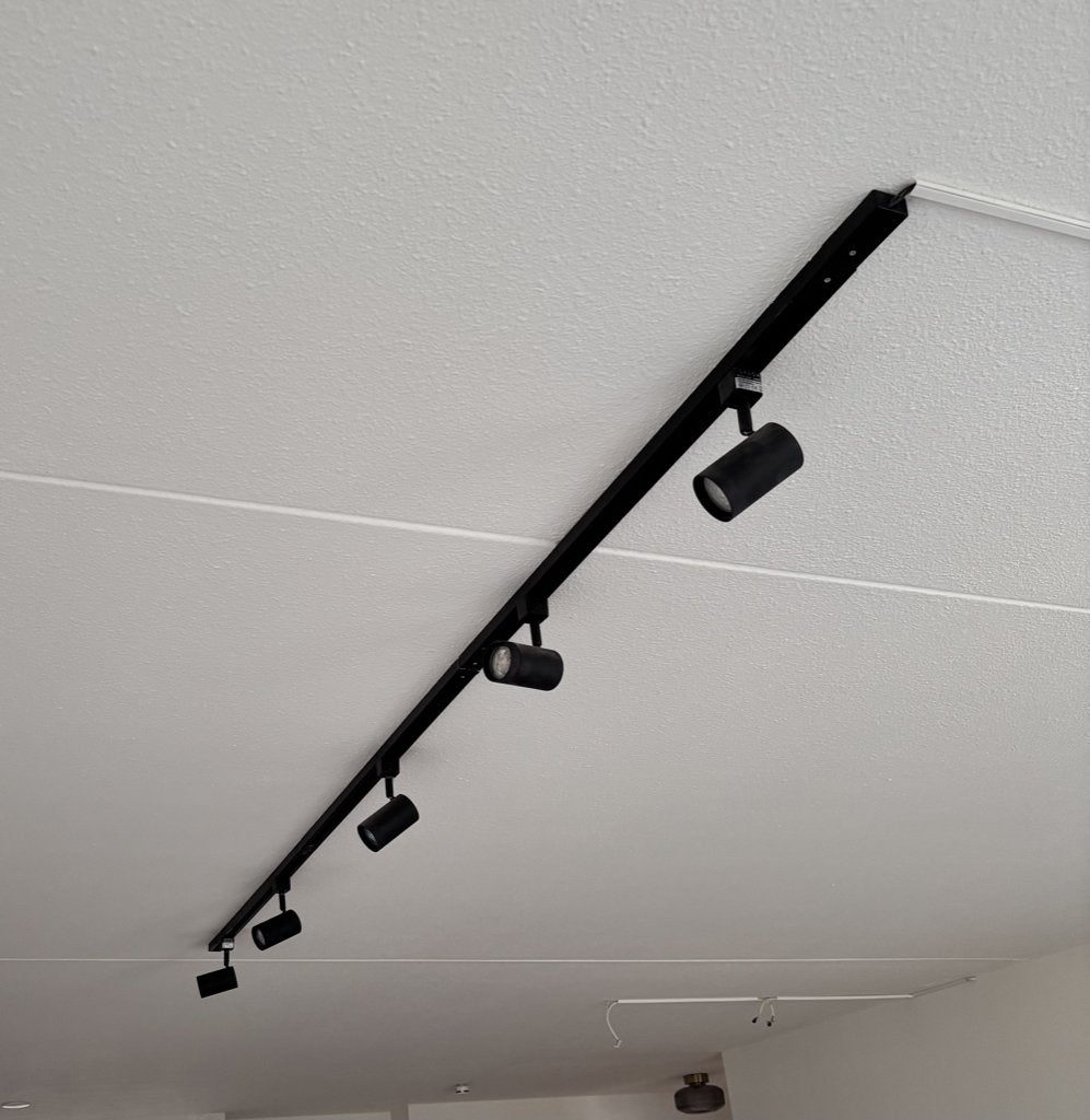 Plafond rails met 5 spots ( railspot), Ophalen, GU10, Zo goed als nieuw, Metaal