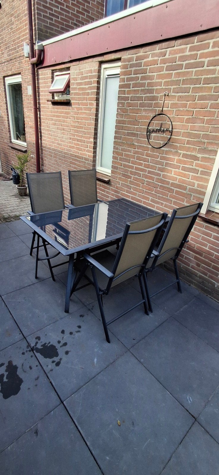 Tuinset met 4 stoelen en glazen tafel, Tuin en Terras, Tuinsets en Loungesets, Ophalen, 4 zitplaatsen, Gebruikt, Aluminium