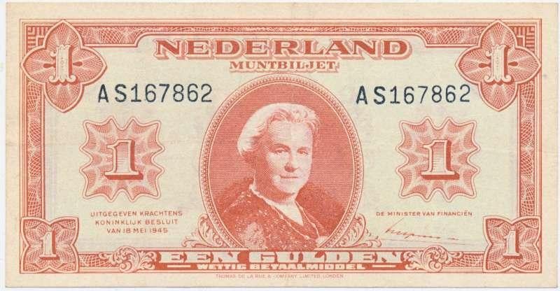 Nederland 1 Gulden 1945 Wilhelmina, Ophalen of Verzenden, 1 gulden, Los biljet