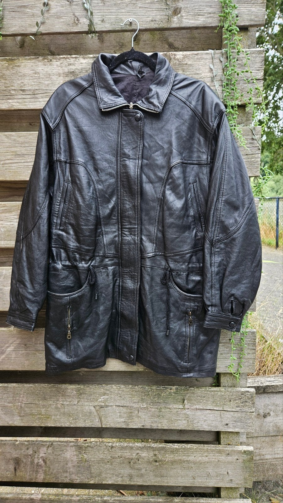 Vintage Leren Trenchcoat Jas, Ophalen of Verzenden, Gedragen, Maat 56/58 (XL), Zwart
