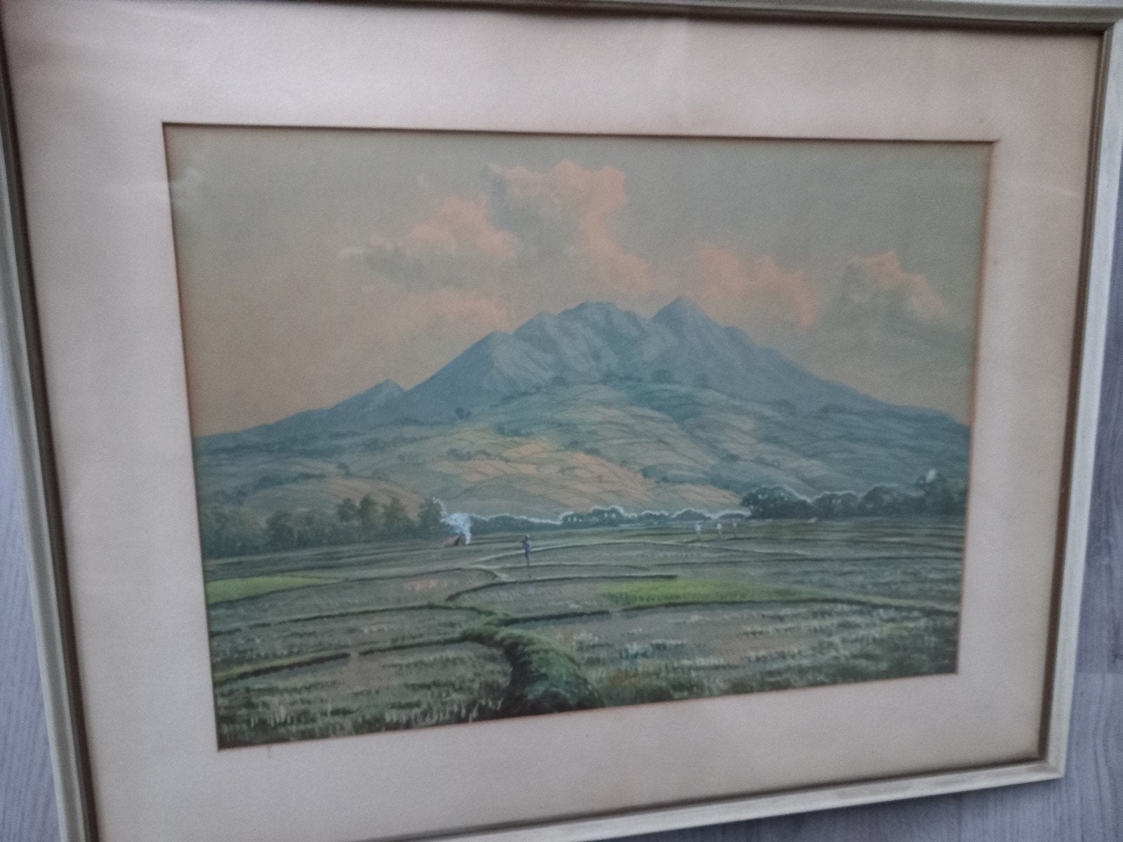 fraaie Indische aquarel van berglandschap met sawas, Apon, Ophalen of Verzenden