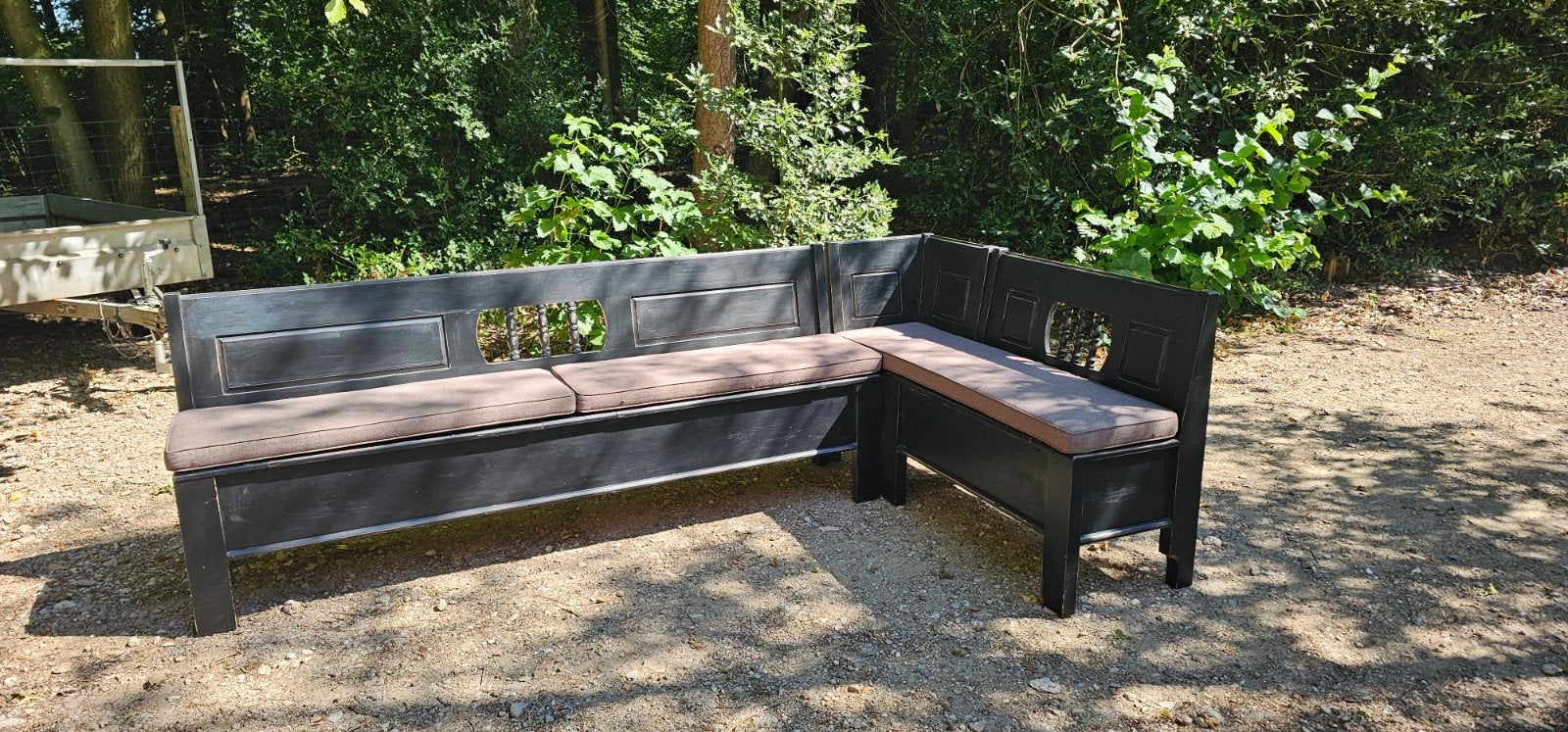 Vintage houten hoekbank met opbergruimte en kussens, Ophalen, Gebruikt, Hout, Vintage