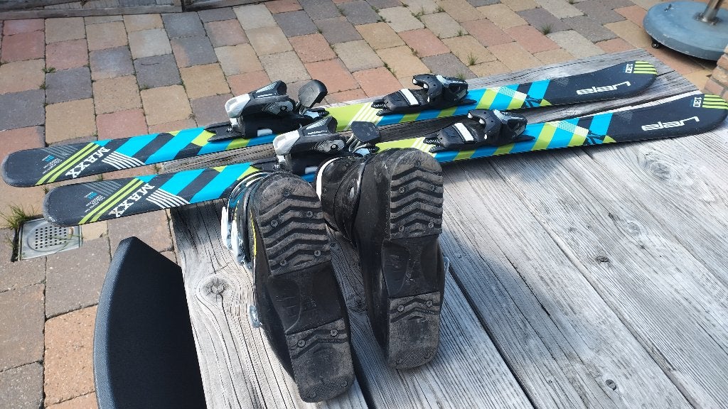Kinder Skies Elan 130 met Salomon schoenen, Ophalen, Gebruikt, 100 tot 140 cm, Salomon