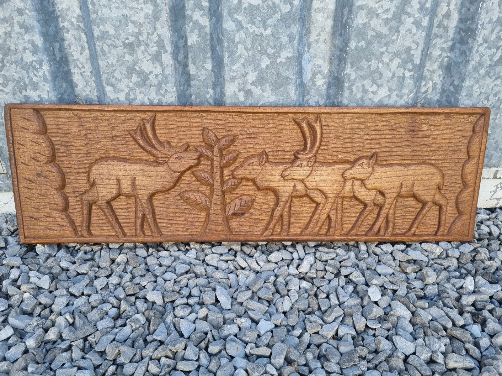 Houten wandpaneel met 4 herten, handgemaakt, Ophalen, Gebruikt, Hout, 25 cm