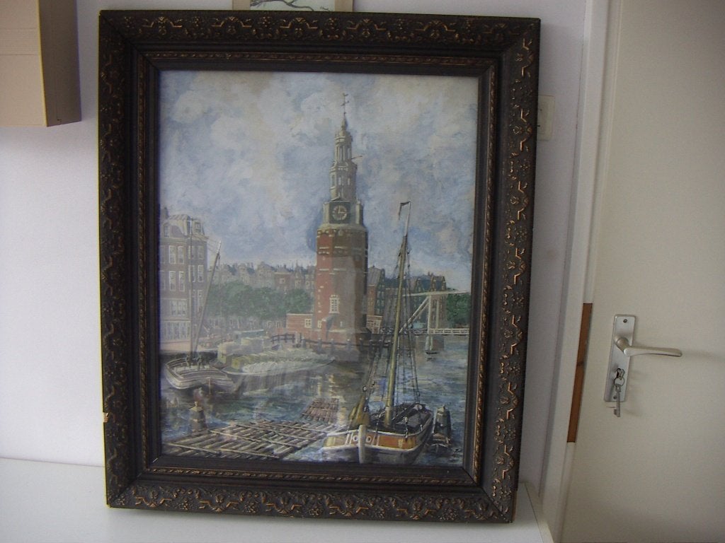 Gemengde techniek op schilders board. Gezicht op Amsterdam., Ophalen, Zo goed als nieuw, Schilderij, Oorspronkelijke maker