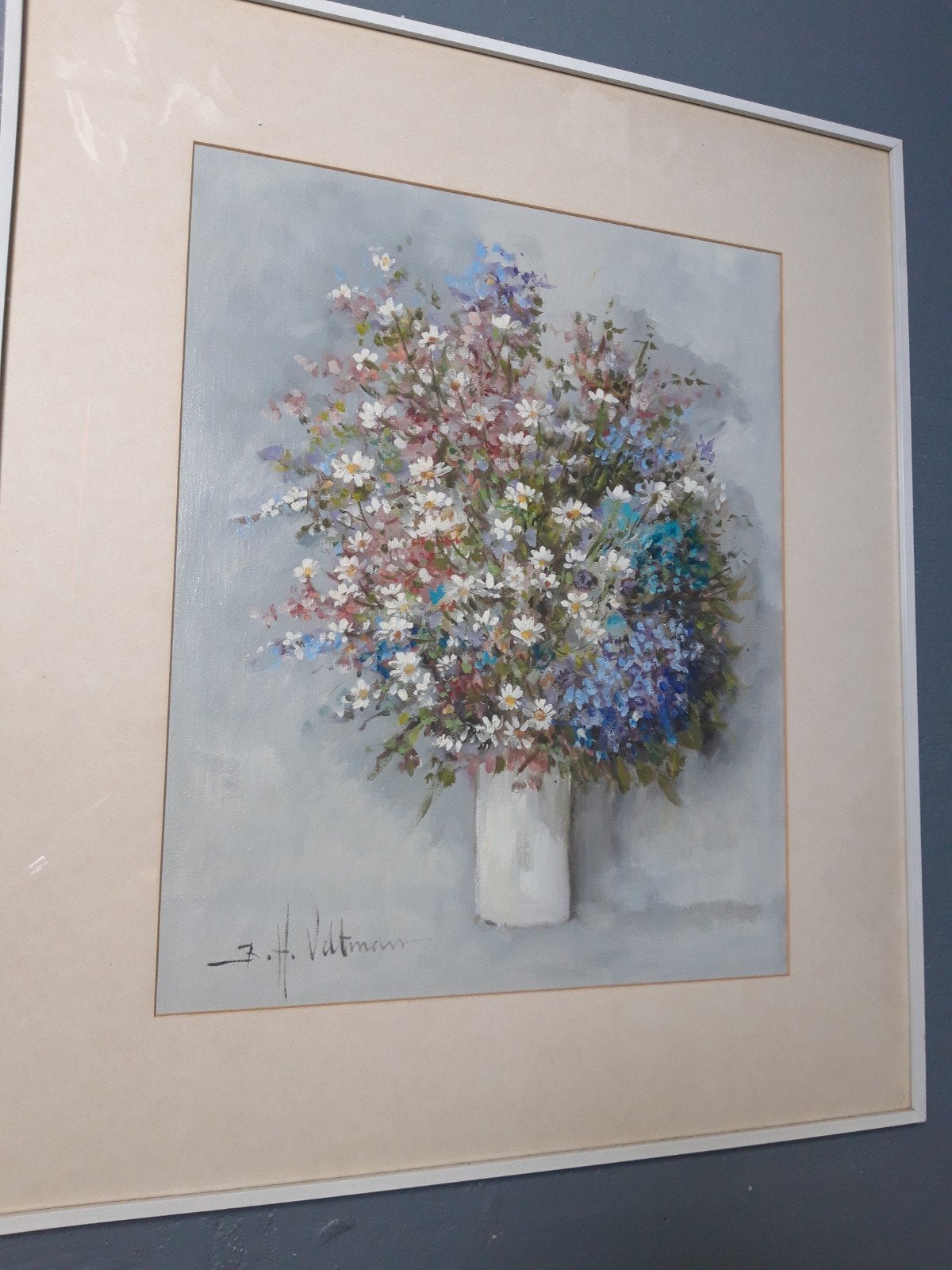 Schilderij: Boeket bloemen in vaas, gesigneerd, Antiek en Kunst, Ophalen of Verzenden