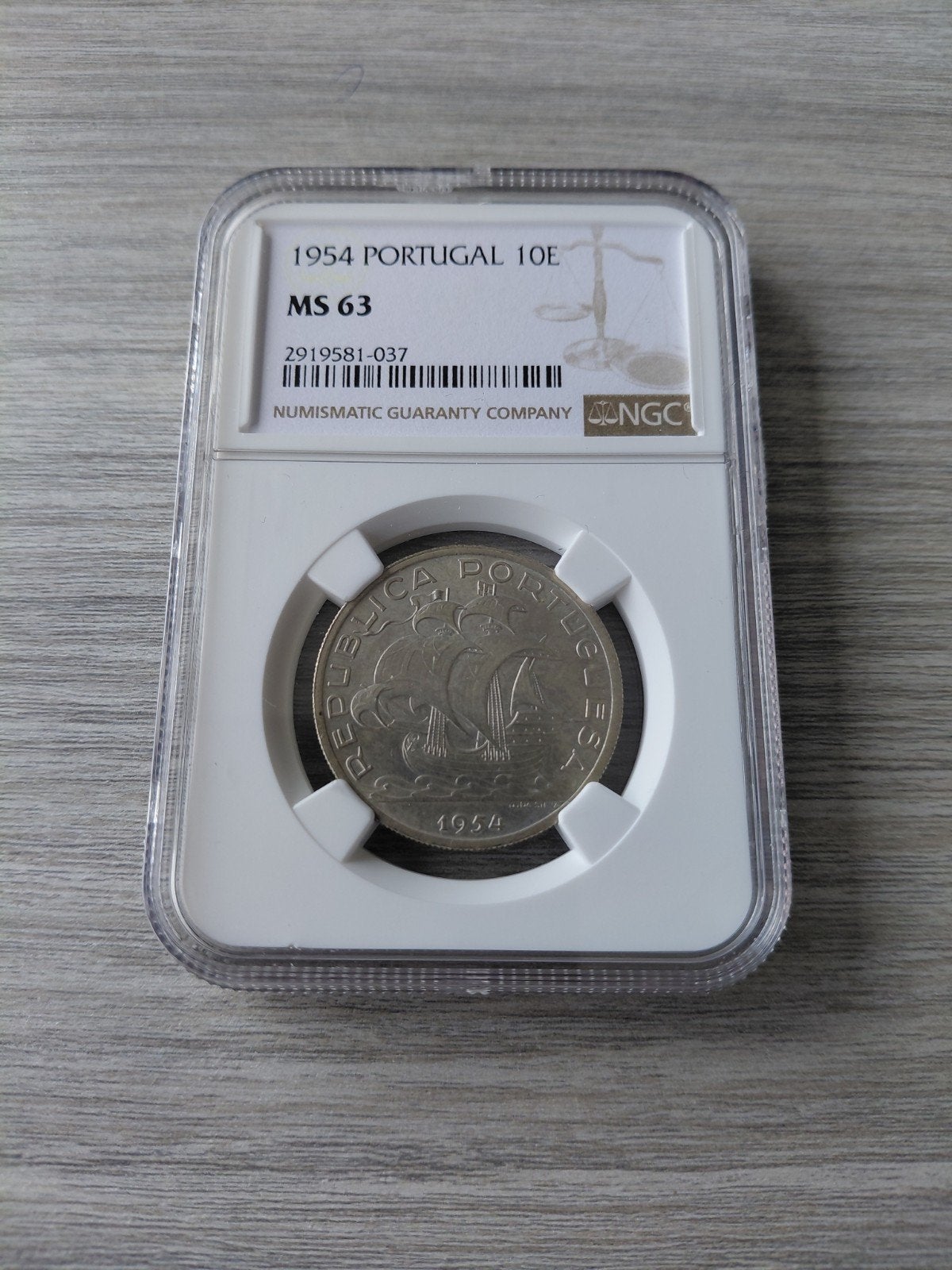 1954 Portugal 10 escudos MS 63 NGC Slab zilver, Postzegels en Munten, Zilver, Portugal, Losse munt, Overige waardes