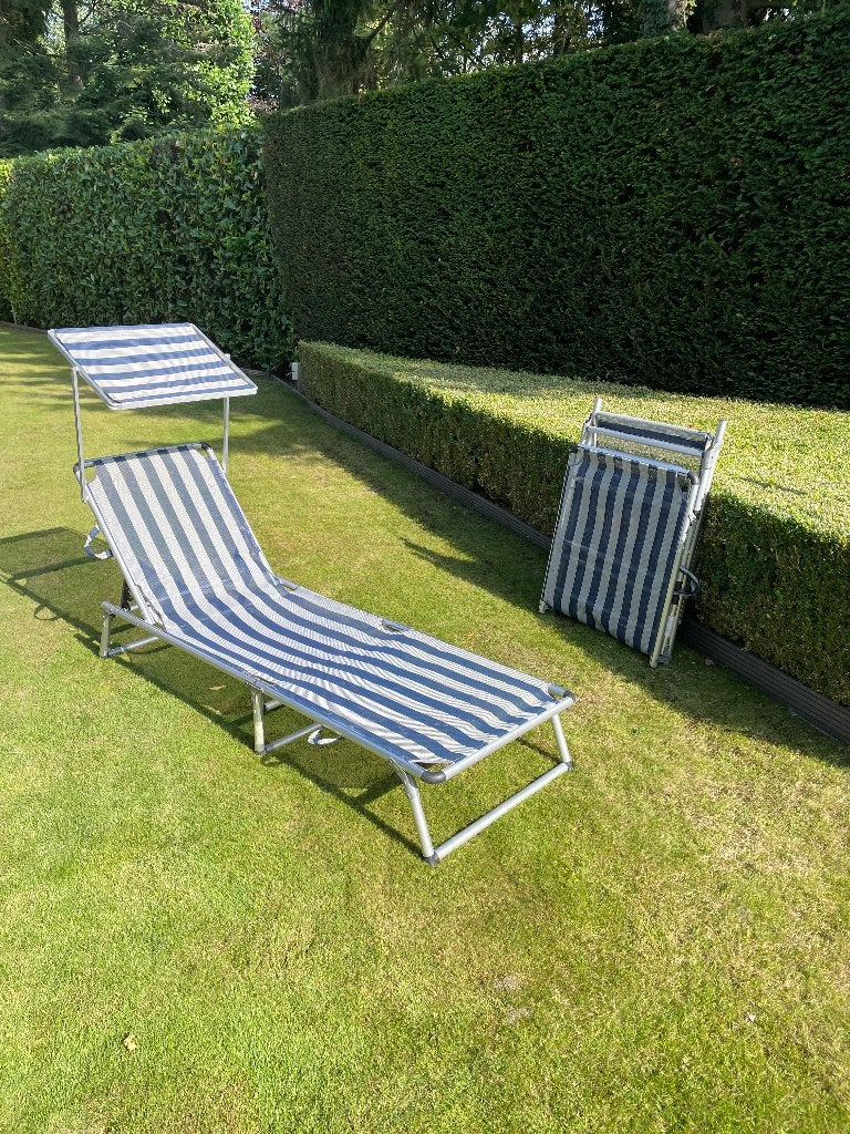 2 Ligstoelen met dakje - Grijs-blauw gestreept, Overige materialen, Gebruikt, Stoel, Ophalen