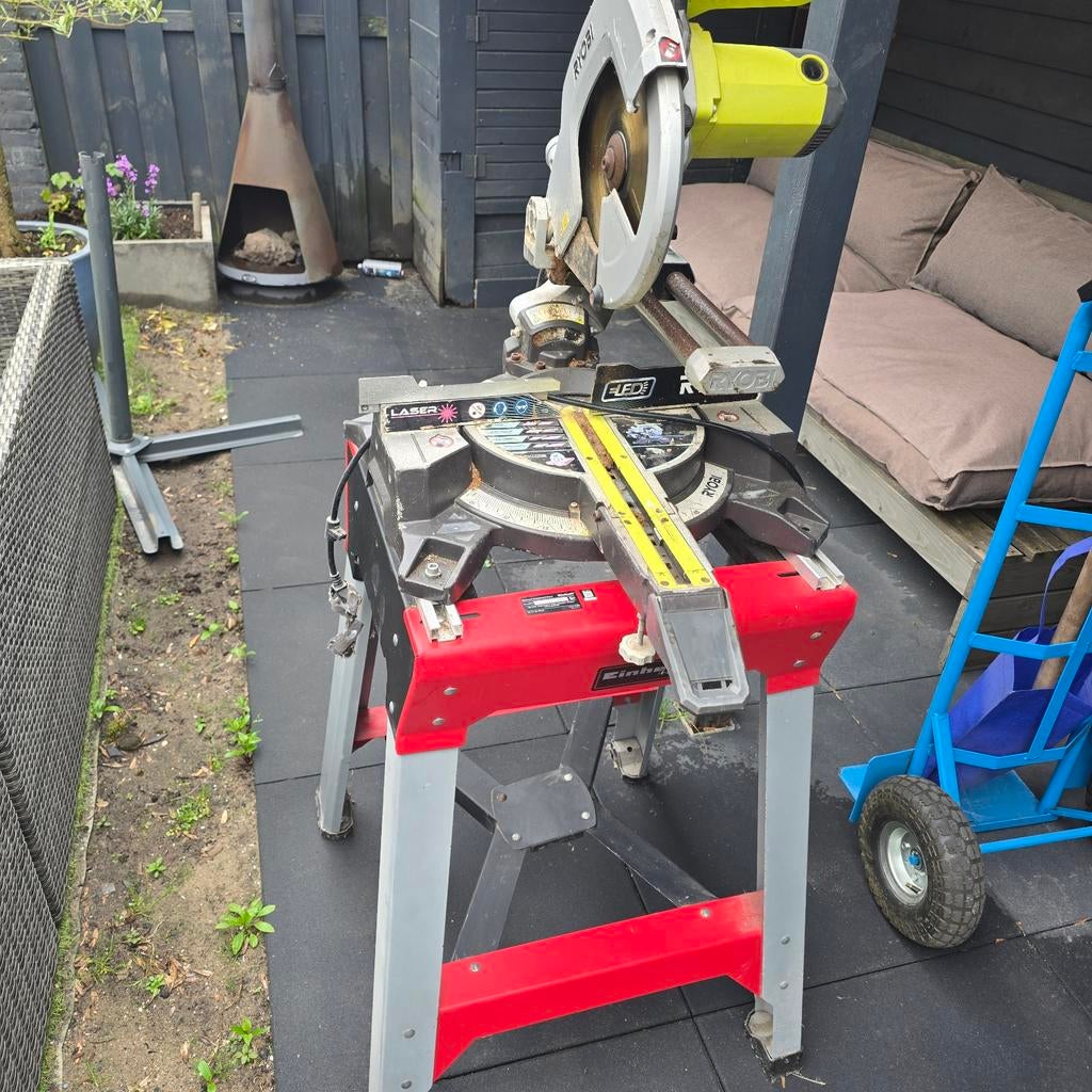 Ryobi EMS254L Afkortzaag met Einhell onderstel, Doe-het-zelf en Verbouw, Gereedschap | Zaagmachines, Ophalen