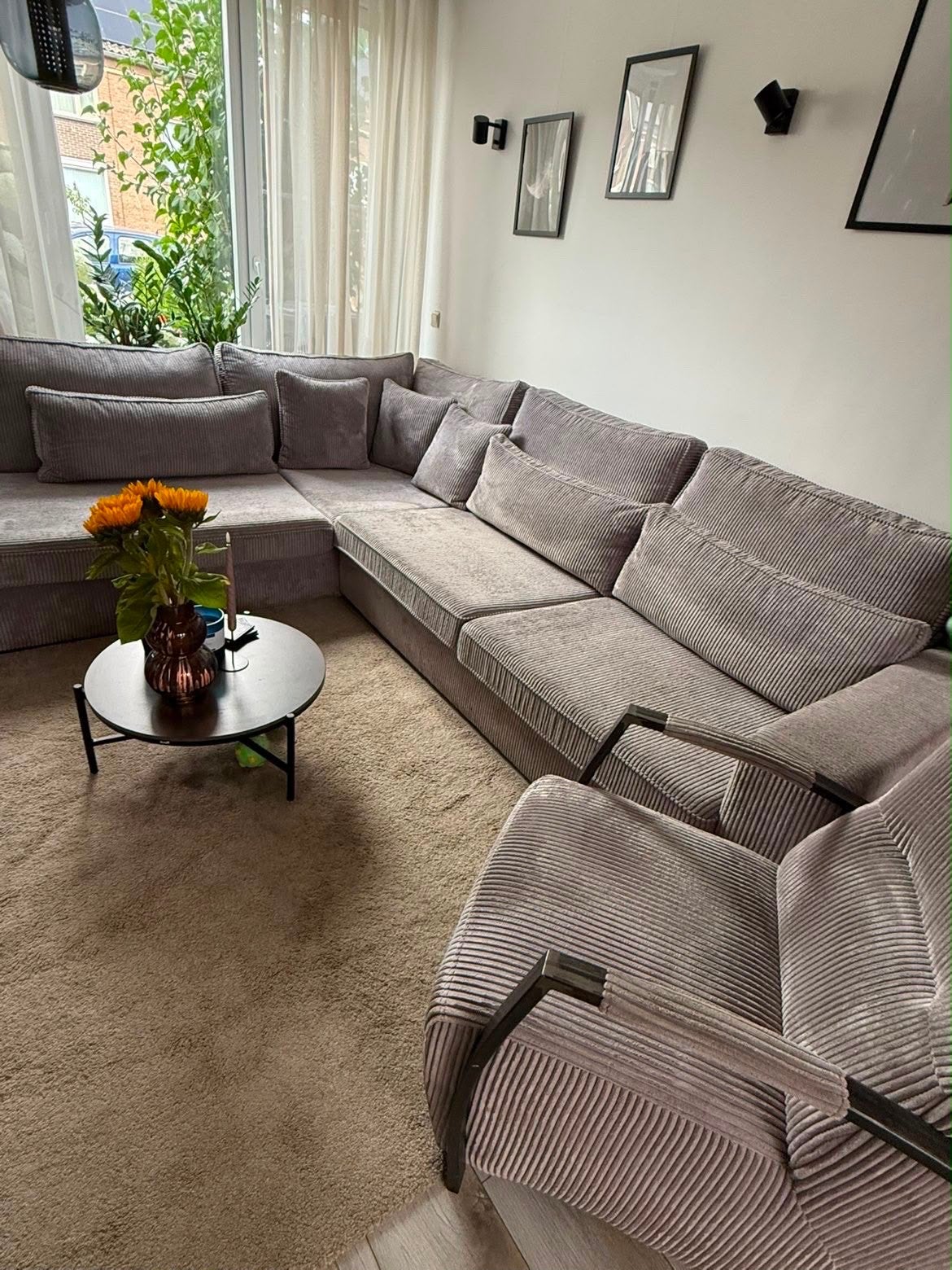 Grote hoekbank met 2 fauteuil in ribstof - Zo goed als nieuw, Huis en Inrichting, Banken | Bankstellen, Ophalen, 100 tot 125 cm