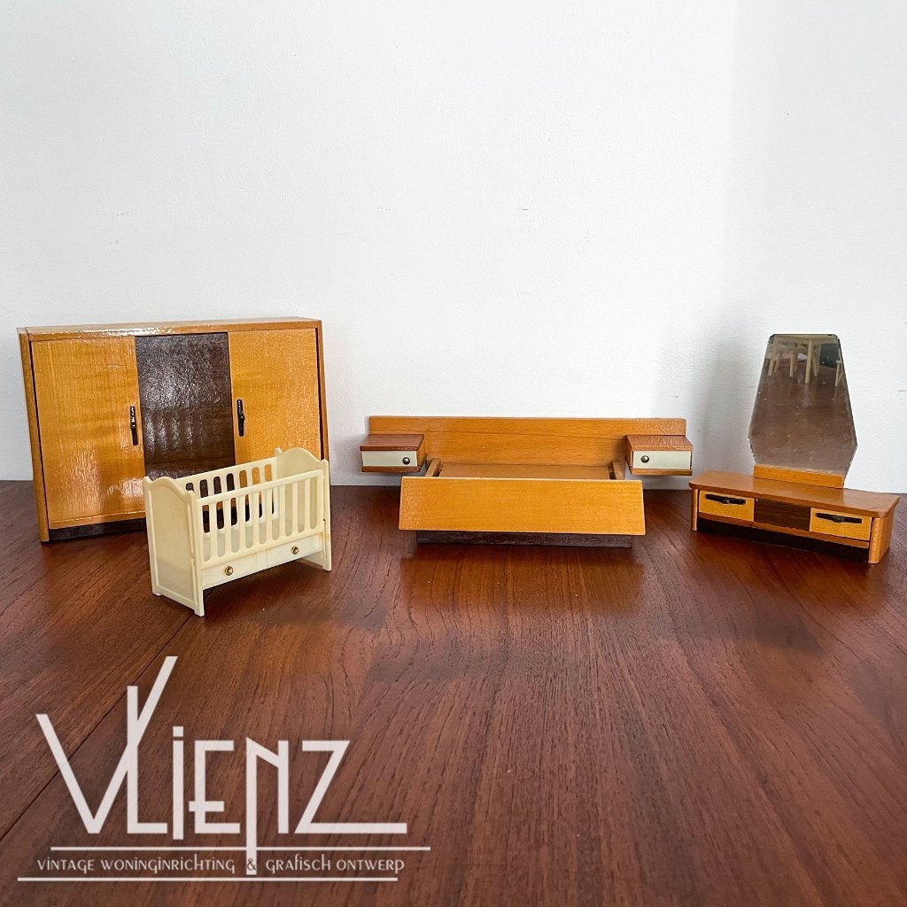 Vintage set poppenhuis meubels slaapkamer, bed kaptafel, Verzamelen, Poppenhuizen en Toebehoren, Gebruikt, -, -, Overige typen