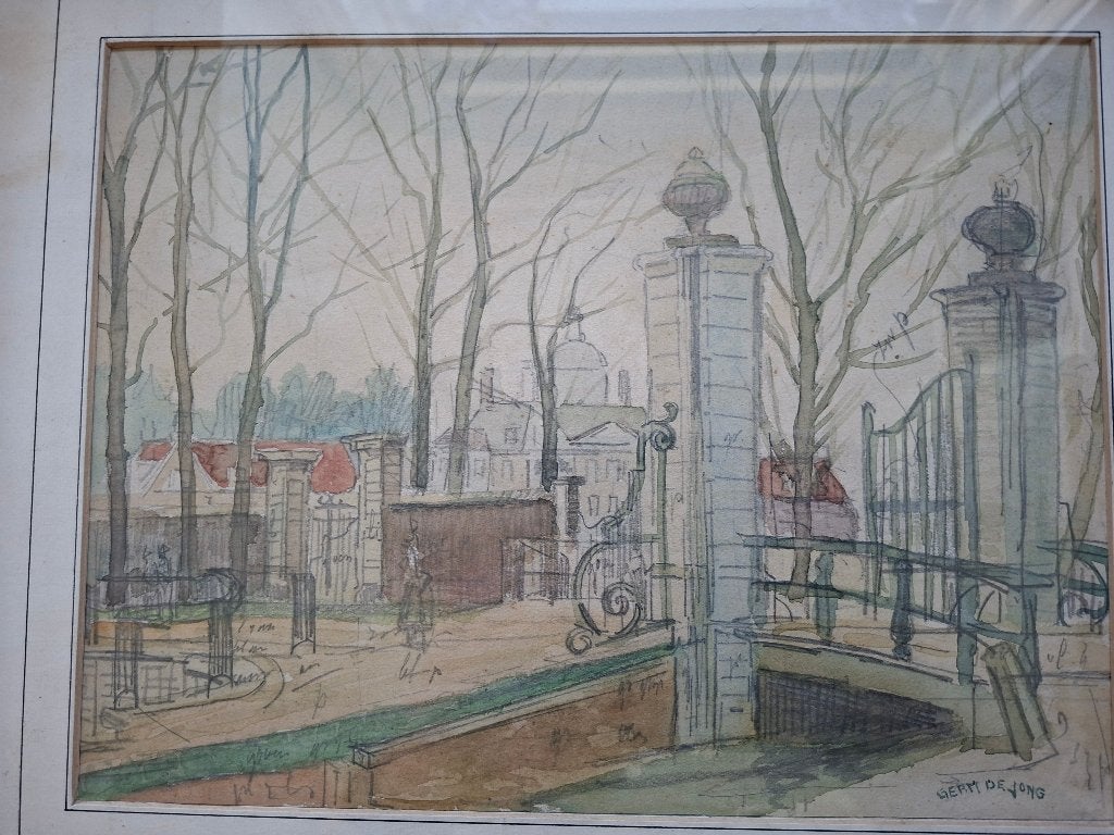 Germ de Jong 1960 Bergense school, Ophalen of Verzenden, Origineel werk, Stads- / dorpsgezicht, Papier