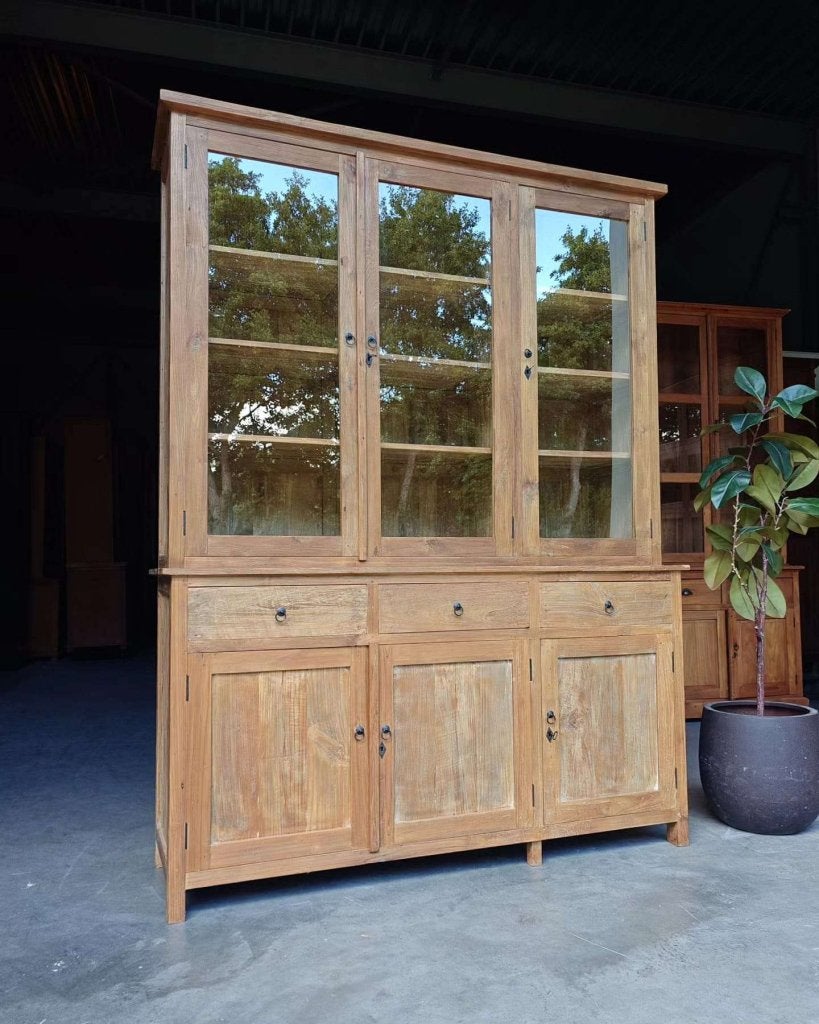 Mooie hoge vitrinekast | Teakhouten buffetkast #3235, Gebruikt, -, 200 cm of meer, -