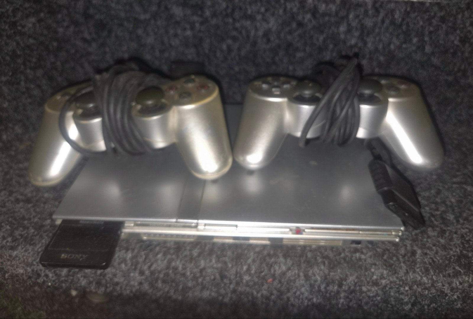 PlayStation 2 Slim set met 2 controllers en microfo, Gebruikt, Met 2 controllers, Ophalen of Verzenden, Zilver