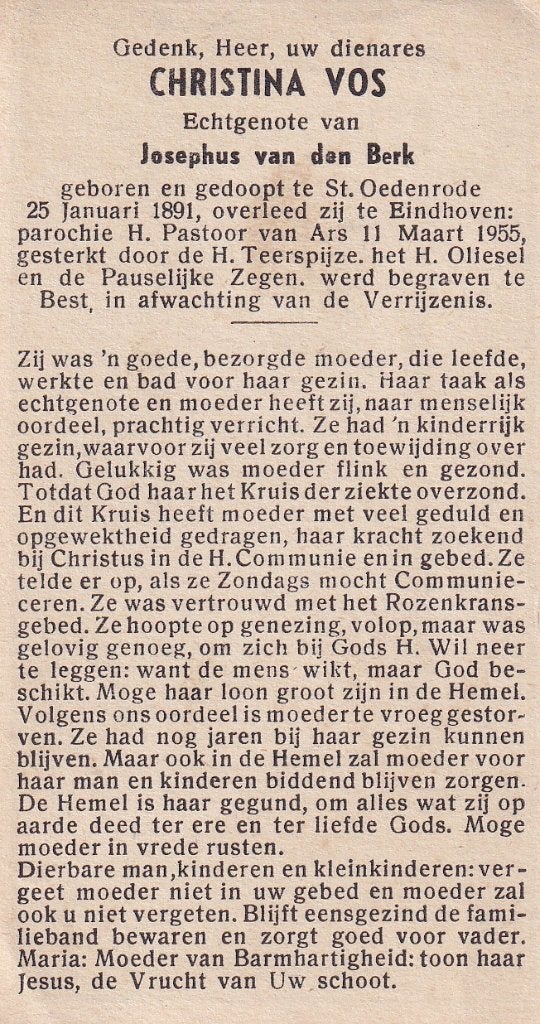 Vos Christina 1891 St Oedenrode 1955 Eindhoven, Ophalen of Verzenden, Bidprentje
