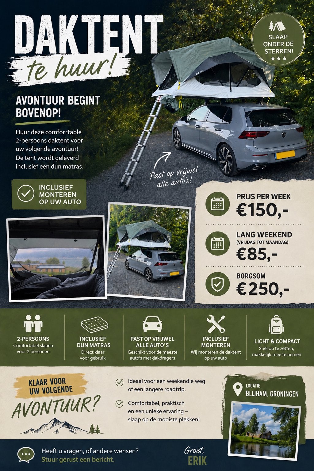 Daktent te huur inclusief monteren - 2 persoons, Ophalen, Nieuw, Tot en met 2