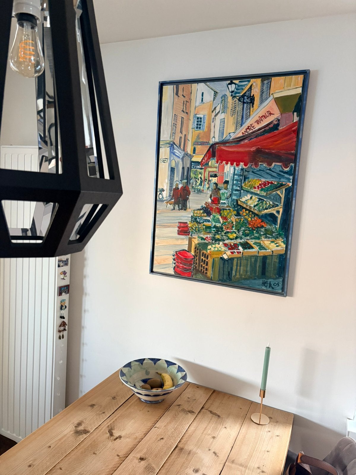 Schilderij 'Franse Marktstraat' - 96x69 cm - Zeer goede staa, Ophalen, Doek, Realistisch, Gesigneerd