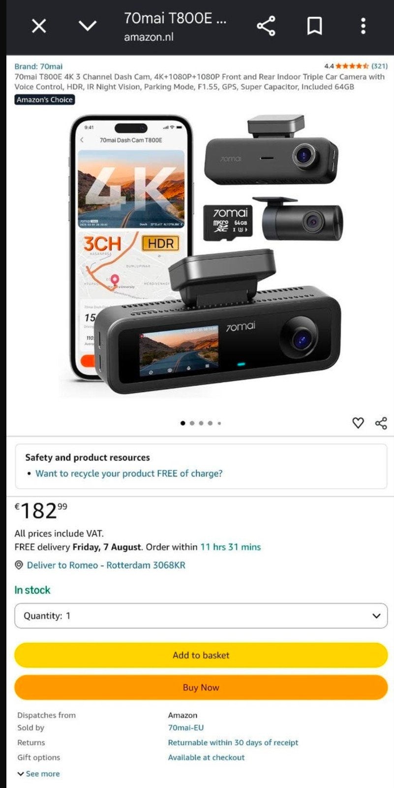 (Gloednieuw) 70mai Dash Cam 4K T800E | 4K HDR | 3 Camera's, Auto diversen, Ophalen of Verzenden, Nieuw