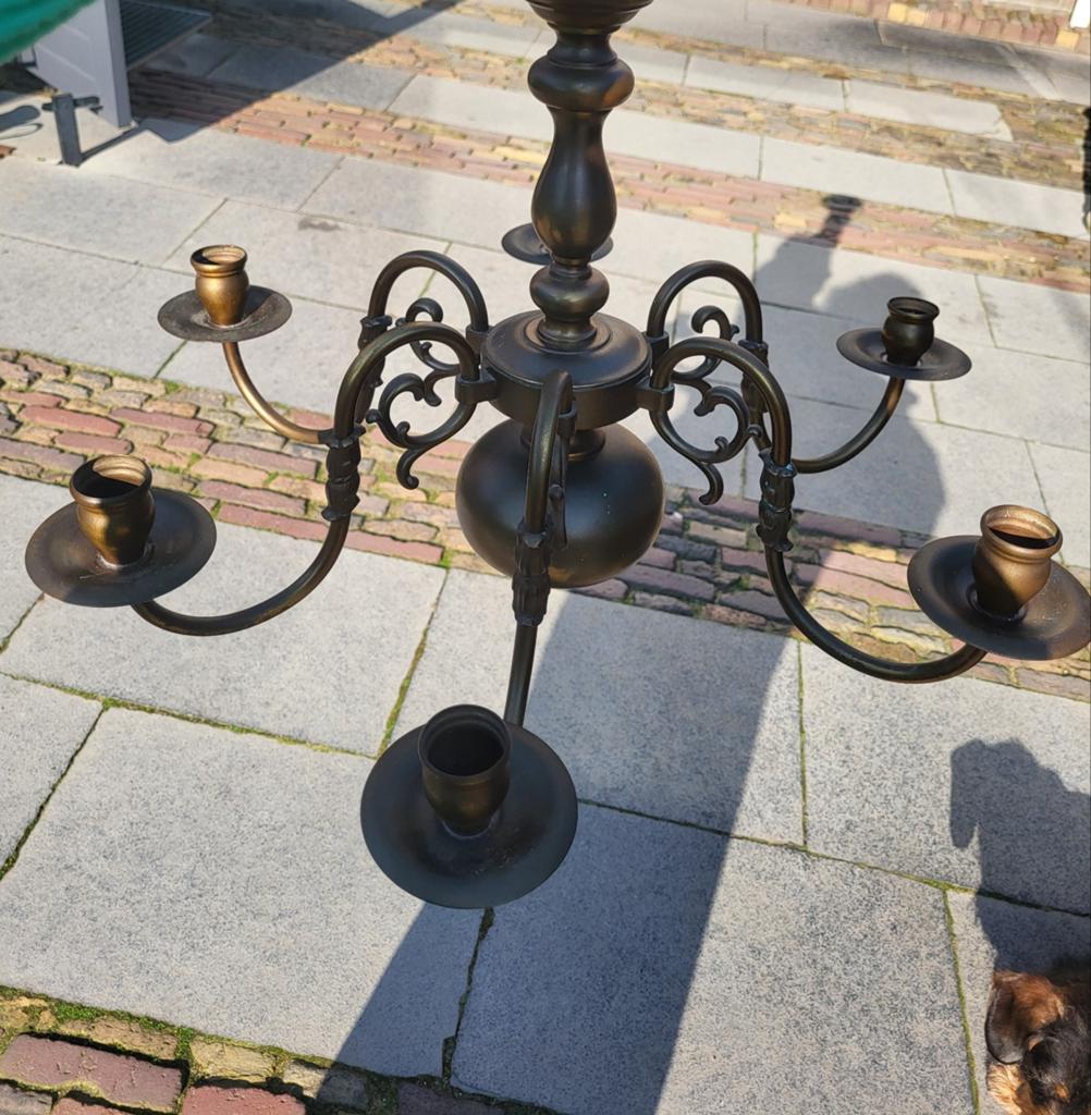 Antieke bronzen kroonluchter met 6 armen, Ophalen of Verzenden, Koper of Brons