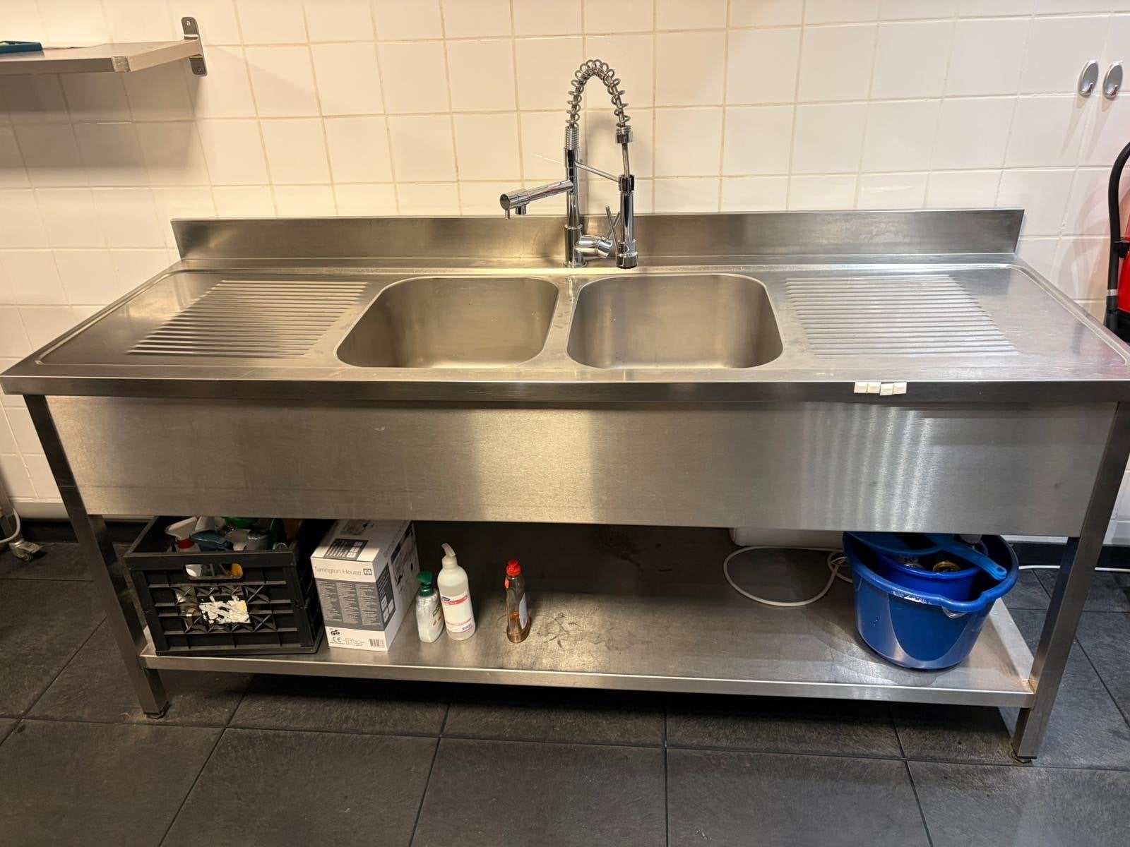 RVS Wastafel met Twee Spoelbakken, Zakelijke goederen, Horeca | Keukenapparatuur, Ophalen, Gebruikt, RVS Meubilair